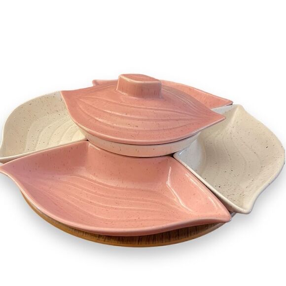 Vintage California Pottery Section Chip Dip Relish Lazy Susan Serving Snack Set - Picture 7 of 16